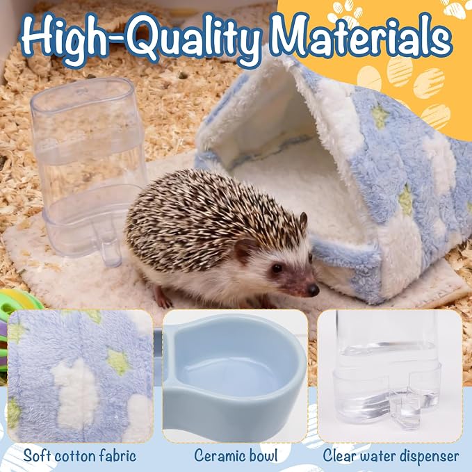 Hedgehog Bed Cave Nest Hideout Hedgehog Accessories Ball Toy Pet Water Dispenser and Pet Bowl, Washable Warm Small Animals House Cage Accessories for Hedgehogs Guinea Pigs Hamsters