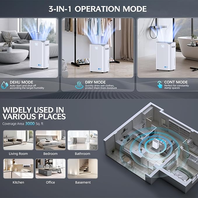 3000 Sq.Ft Wi-Fi Dehumidifiers for Home, 34 Pints Energy Star Certified Smart Dehumidifier for Basement, Bedroom, Bathroom, with Drain Hose, 3 Modes,24H Timer,Auto Defrost, Child Lock