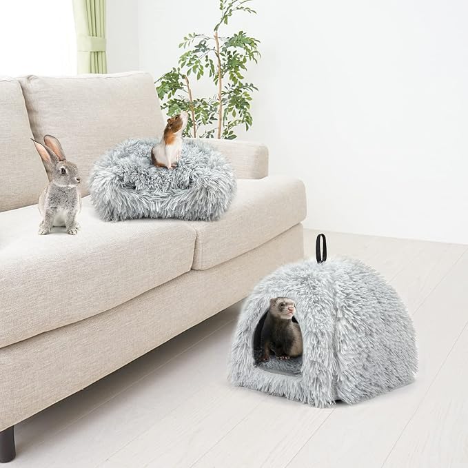 YUEPET Bunny Hideout, Cozy Rabbit Bed House for Small Pets, Grey | Long Plush Guinea Pig Cave Bed, Removable Washable Pad, Non-Slip Base, Warm Rabbit Hideaway for Guinea Pig Ferret
