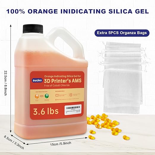 Desiccant Beads for 3D Printer AMS, 3.6LBS Silica Gel Reusable, Silica Beads Orange Indicating Silica Gel 4-8mm Industry Standard (5PCS Organza Bags Included)
