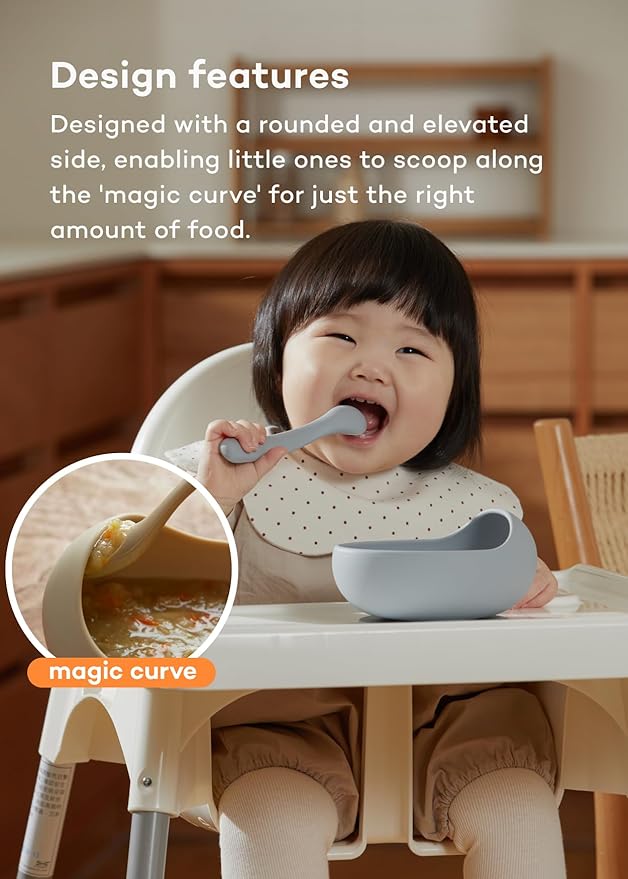 Konny Baby Bowl Microwaveable Silicone & Spoon Set, Self Feeding Essentials Baby Led Weaning Supplies -Grey Seed