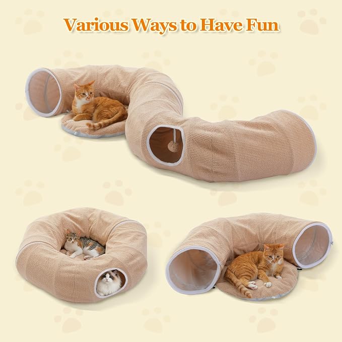 PEQULTI Beige Donut Cat Tunnel Bed Washable Plush Mat Multi for Small Pets | Round play tube with soft detachable plush mat, multi-pet toy fit indoor cats, kittens, puppies, rabbits and ferrets