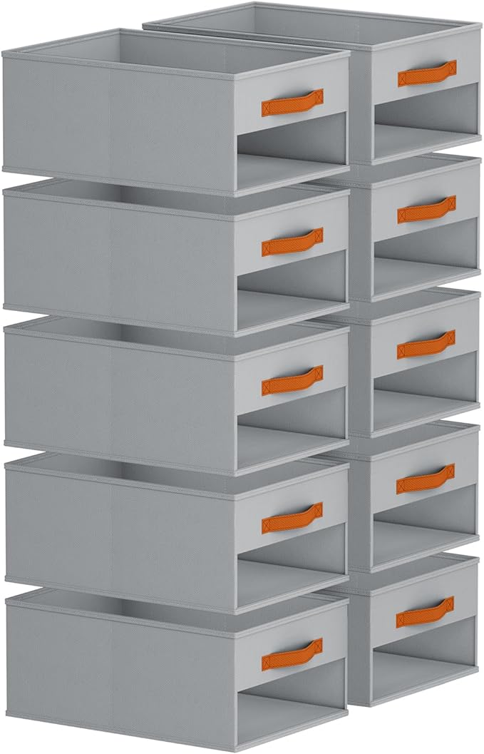 Drawer Organizers and Storage - 10 Pack Foldable Pants Organizer with Clear Window & Handles, Fabric Closet Organizer for Clothes, Jeans, Sweaters, Towels, T-shirt, Scarf (Grey)
