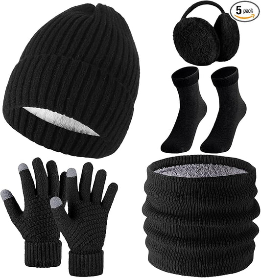 SATINIOR 5 Pcs Winter Beanie Hat Scarf Gloves Set Fleece Lined Knit Hat Warm Touch Screen Gloves Earmuff Warmer for Women(Black,Fashion Style)