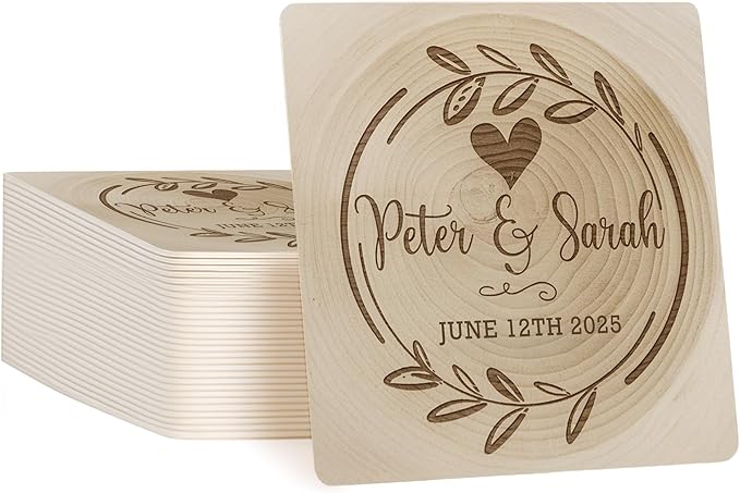 20 Pack Personalized Wedding Coasters, Custom Cardboard Coasters for Drinks with Photo Print and Text, Keepsake Wedding Favors and Gifts for Couples, 4x4 Square, Design 1