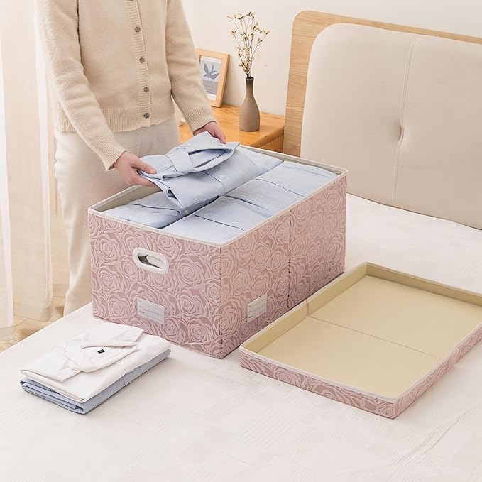 PRANDOM Jumbo Collapsible Storage Boxes with Lids Fabric Decorative Storage Bins Cubes Organizer Baskets with Cover Handles Divider for Bedroom Closet Living Room 23.2x15.7x11.6 Inch 3 Pack