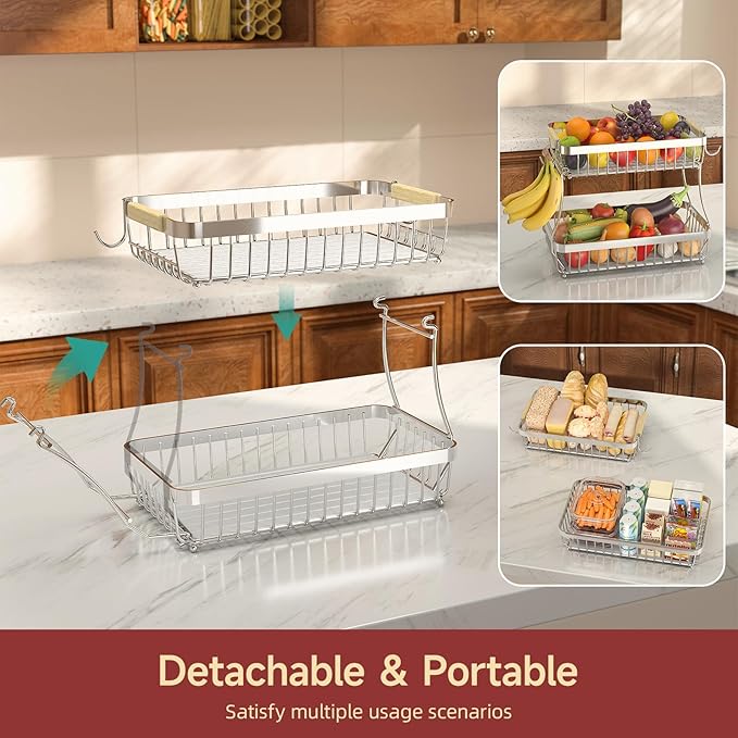 2 Tier Large Fruit Basket for Kitchen Counter with 2 Mobile Banana Hangers, 2026 Pro Detachable Metal Fruit Bowl with Wooden Handle (Silver, 2 Tier Extra Large)