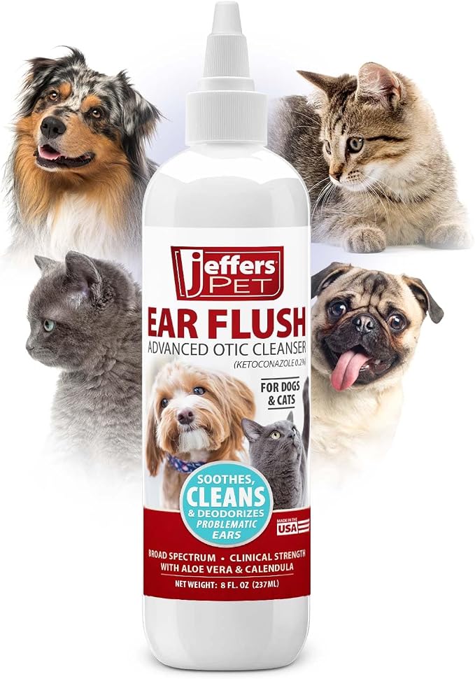 Jeffers Ear Flush for Dogs, Cats & Puppies, 8 oz - Otic Ear Cleanser Solution with 0.2% Ketoconazole, Aloe Vera & Calendula, Gentle Ear Wash for Pet Hygiene, Grooming, Wax & Debris Cleaning