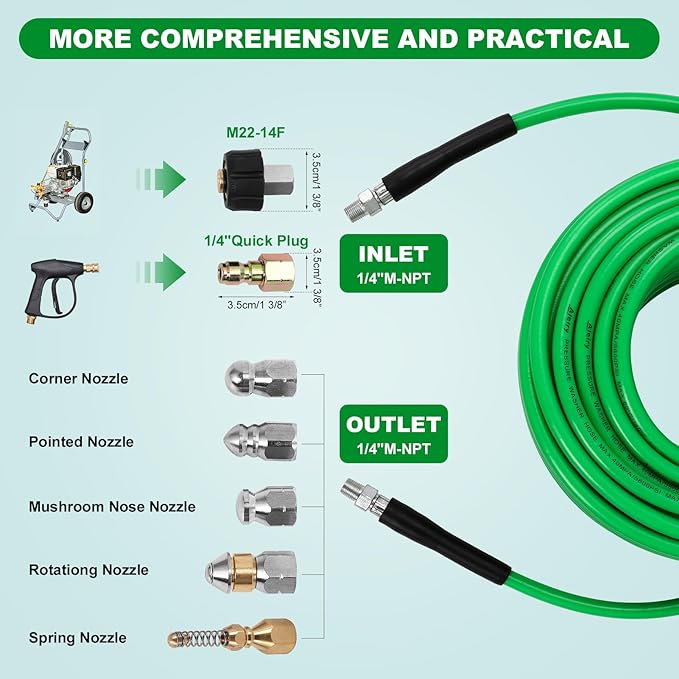 Sewer Jetter Kit for Pressure Washer,Water Jet Drain Cleaning Hose with Corner Rotating Button Spring Nose 1/4" NPT Sewer Cleaning Tool High-Pressure Nozzles,5800 PSI 200 FT