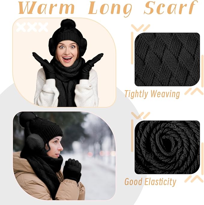 Geyoga 6 Pcs Winter Warm Set for Women Warm Beanies Hats Touchscreen Gloves Long Scarf Ear Muffs Socks Winter Gifts for Women
