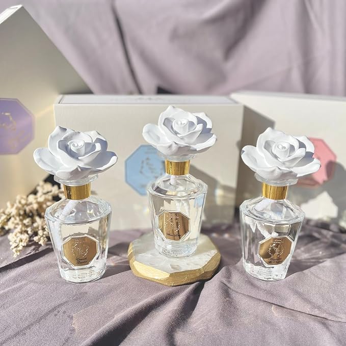 Reed Diffuser Set, Pretty Valley Home Diffuser Rose Petals Gypsum White Flower Oil 100Ml / 3.38fl OZ Gift Box for Bathroom Office Bathroom Living Room Decor (Eternal Garden)