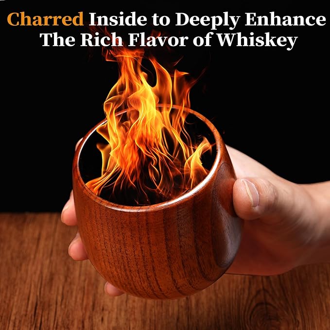 10Oz Large Charred Wooden Bourbon Glass, Include 3 Ice Whiskey Rocks, The Original Wood Whiskey Cup, Old Fashioned Drinking Glasses Tumblers, Gift for Men, Dad, Husband, Brother, Friends