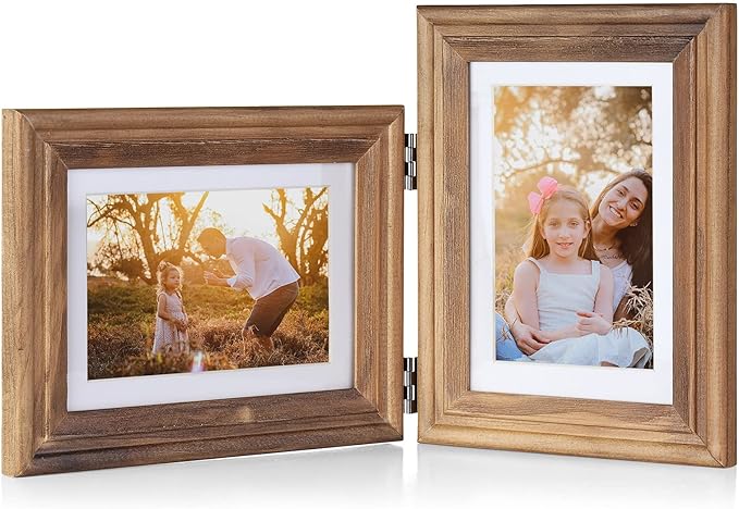 5X7 Double Wooden Hinged Picture Frame Horizontal and Vertical in Distressed Farmhouse Wood Grain, Display 4x6 with Mat or 5x7 without Mat, Folding Photo Frame with Real Glass Front for