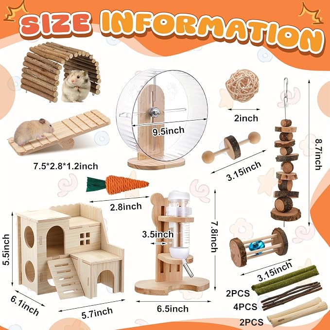 18 Pcs Hamster Cage Accessories Silent Hamster Wheel 15 Toys Set | Maze Wood House and Water Bottle Set for Rat Mice Small Animals Habitat Decor Enrichment Starters(Fun Interactive Style)