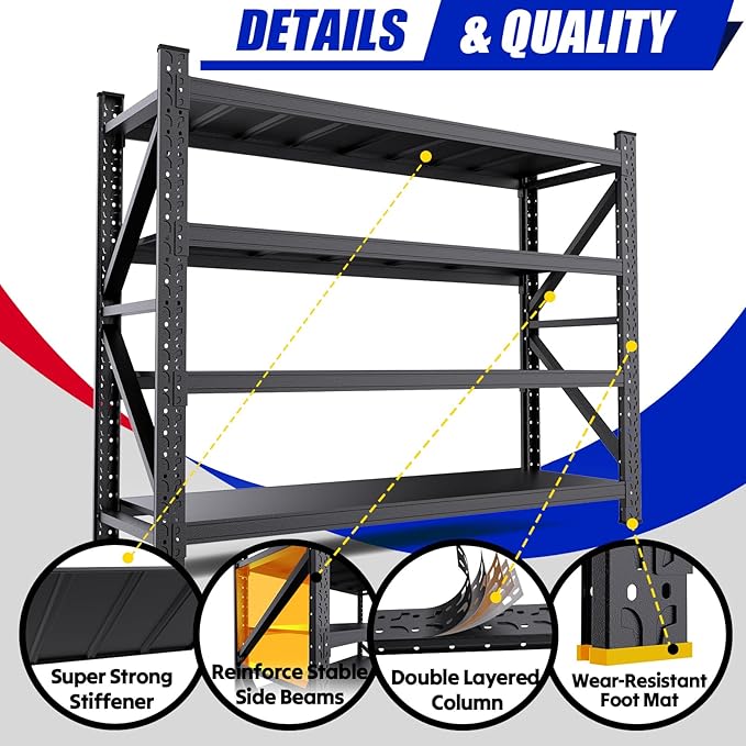 60''W Garage Shelving Adjustable Garage Shelves 5000LBS Storage Shelves,4-Tier Metal Shelving Unit Storage Shelf, Easy Assembly Utility Shelf for Warehouse, Basement, Black (70'H x 60''W x 24''D)