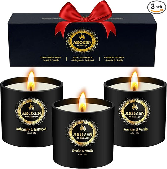 3 Pack Candles for Men, Scented Candles Gifts Set, Aromatherapy Soy Black Candles for Home Scented, Gifts for Men Chrismas, Scent of Lavender, Mahogany Teakwood & Smoke Vanilla, 70H Burn Time