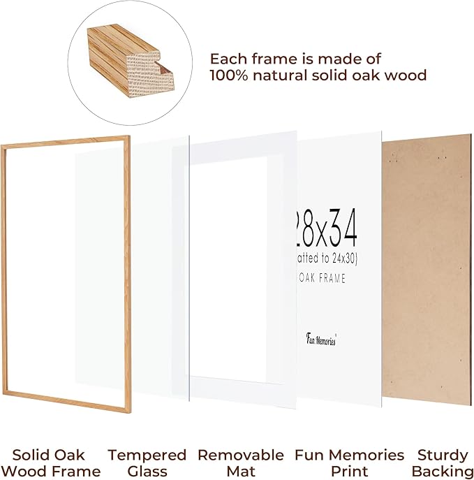 28x34 Large Poster Frame, Solid Oak Wood 28 x 34 Picture Frames for Wall, Tempered Real Glass, 28x34 Frame with Mat for 24x30, Rustic Wood 28 by 34 Frames for Home Decor, Natural Oak Color