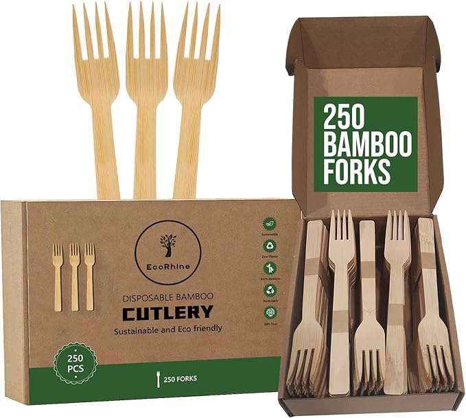 Disposable Bamboo Cutlery Set - 250 PCS Bamboo Compostable Forks Utensil Set - Disposable Cutlery Set for Outdoor, Party, Camping & More