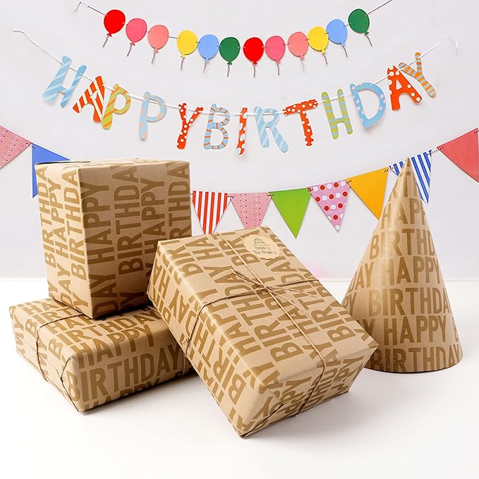 MAMUNU Birthday Wrapping Paper Roll, Brown and Gold Kraft Happy Birthday Wrapping Paper Jumbo Roll, Gift Wrap Paper Set for Men Women Boys Girls, 17Inch × 33Feet
