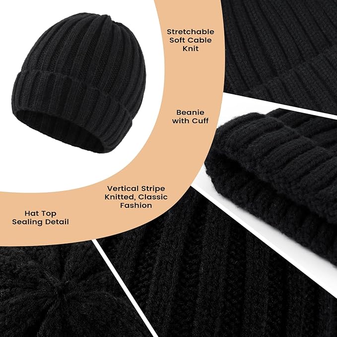 Women Winter Hat Beanie+Long Scarf+Touch Screen Gloves Set, Warm Clothes Set with Knit Fleece Lined for Women/Men Winter