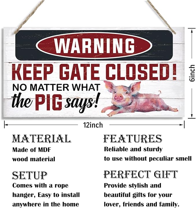 Warning Signs, Keep Gate Closed Pig Sign, Decorative Wood Hanging Wood Plaque, Warning Animal Pigs Sign, Funny Novelty Caution Pig Signs for Farm Fence Wall Gate Decor, Rustic Wall Plaque