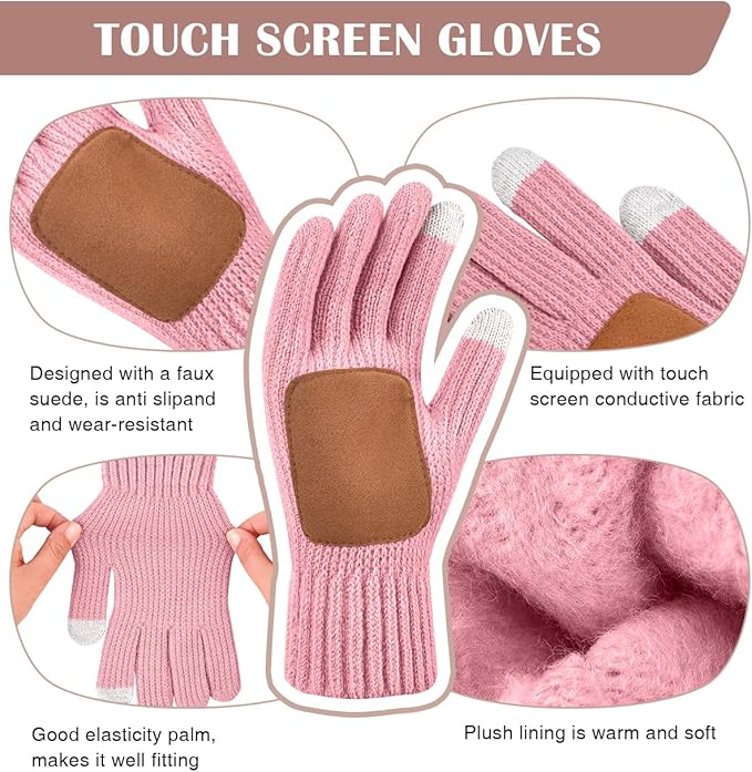 Womens Winter Beanie Hat Gloves Set,Fleece Lined Warm Knit Pom Pom Ski Hat Touchscreen Gloves Set Gifts for Cold Weather
