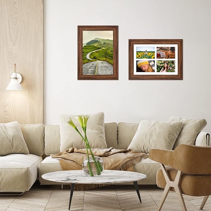 9x13 Picture Frame Display 4 opening 4X6 Picture Frame Collage,Multi Photo Frame with Mat,Plexiglass,Wall or Tabletop Decor,Carbonized Brown Wood Grain