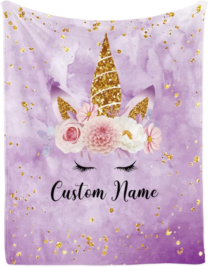 Personalized Unicorn Blanket with Name for Girl, Custom for Kids, Soft Flannel Purple Toddler Customized Gift for Birthday Christmas Baby Shower Newborn 30'' X 40'', 30''x40'' for baby