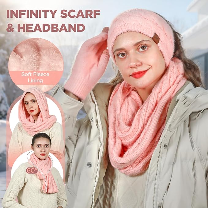 Womens Beanie Hat Infinity Scarf Touchscreen Gloves Fleece Headband 4 in 1 Winter Clothes Set Gifts for Women