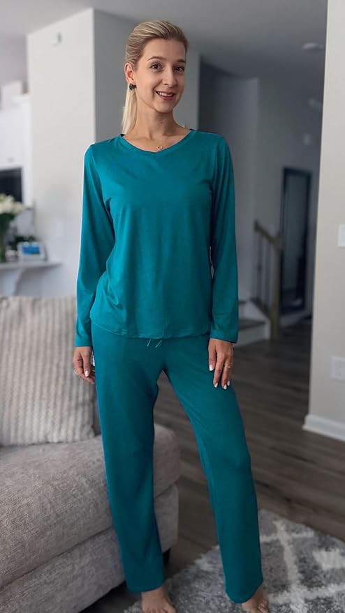Ekouaer Womens 2 Pack Pajama Set Long Sleeve Pajamas Top and Pants V Neck Pjs Set Soft Loungewear with Pockets