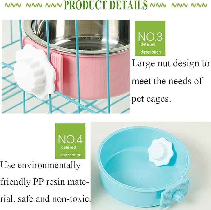 kathson Crate Dog Bowl, Removable Stainless Steel Hanging Pet Kennel Cage Bowl Food & Water Feeder Coop Cup for Puppy, Cat, Rabbit, Guinea Pigs Ferret Bird (2 PCS, Size: M, Blue and Green) (Pack of 2)