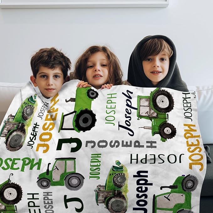 Personalized Tractors Blanket - Custom Name with Farm Tractor Trucks Design - Soft Plush Flannel Bed Blanket for Baby Kid Teen Boys Girls Customized Gifts White & Green