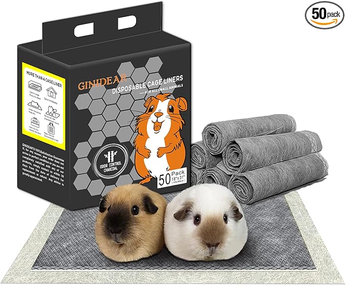 Disposable Guinea Pig Bedding, Cage Liners, Absorbent & Waterproof | Charcoal Odor Control Material, Ideal Pee Pads for Guinea Pigs, Rabbits, Hamsters & Other Small Pets, 18"x31", 50 Count