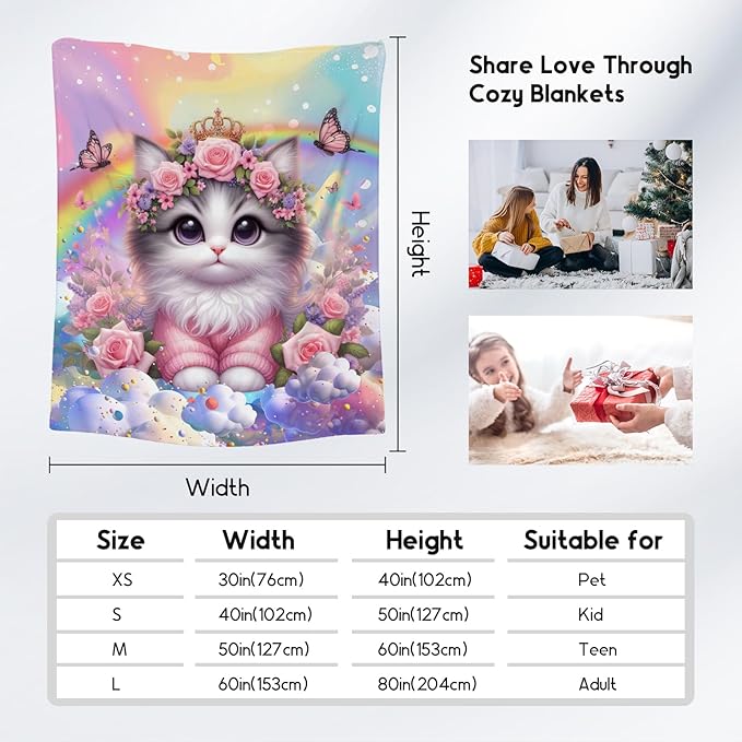 Kids Blankets Blanket with Cat - 60x80 Inches Cozy Soft Flannel Throw Gifts for Couch, Bedroom