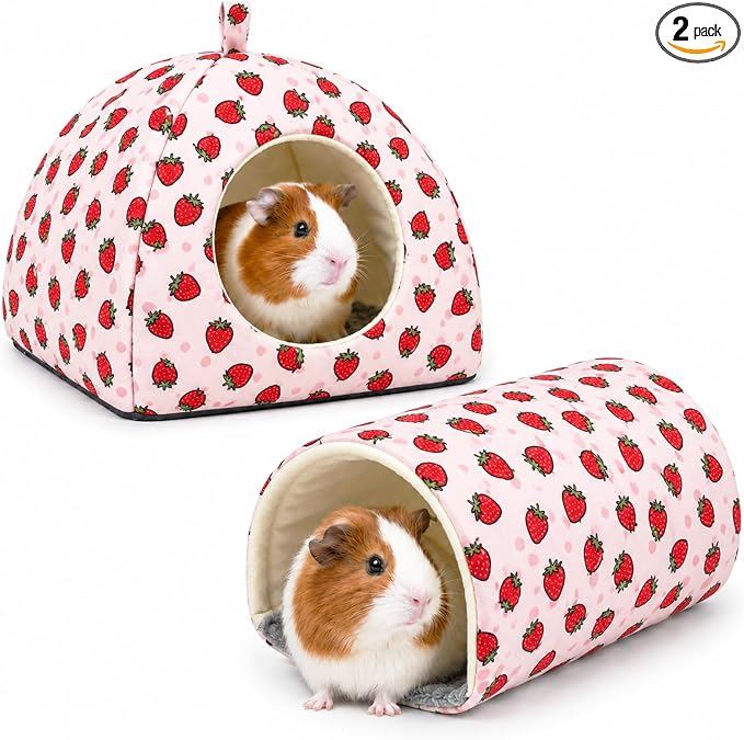 Guinea Pig Hideout Tunnel Set, 2 Pack Washable Small Animal Bed with Removable Cushion, Hamster Hideout Play Tunnel Toys for Guinea Pigs, Hamsters, Hedgehogs, Ferrets, Pink Strawberry