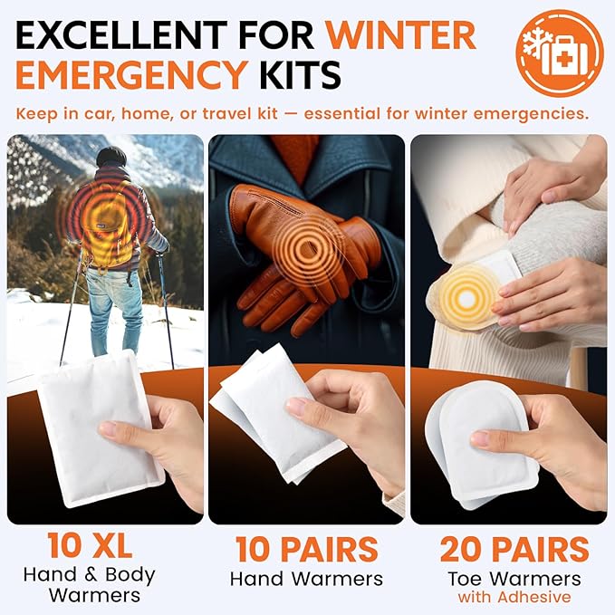 Hand Warmers Variety Set - 70 Count Ultimate Value Pack – 10 XL Body Warmers, 10 Pairs Hand Warmers, 20 Pairs Toe Warmers with Adhesive – Air Activated Heat Packs for Cold Weather and Outdoors