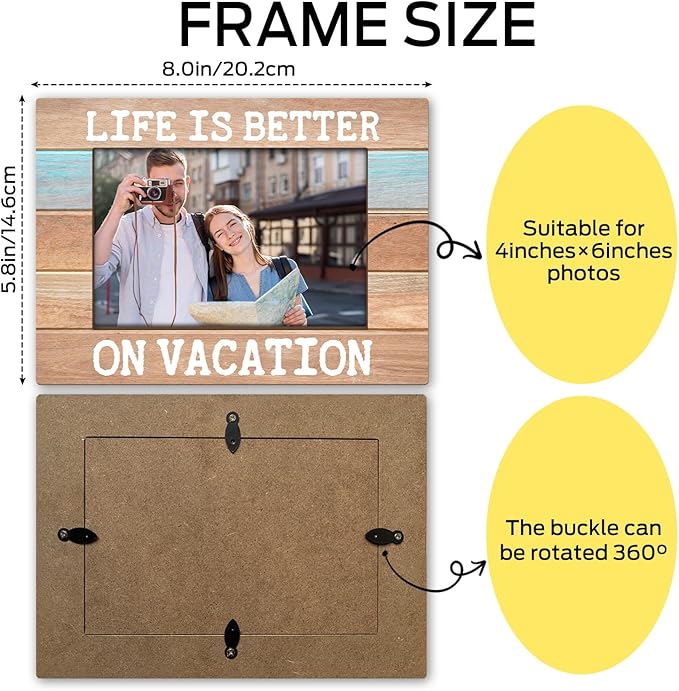 Life Is Better On Vocation Wood Photo Frame for Friends BFF Women Men, Beach House Picture Frame 4 x 6 Tabletop Display Vacation Gifts for Couple, Home Office Living Room Holiday Decors -14
