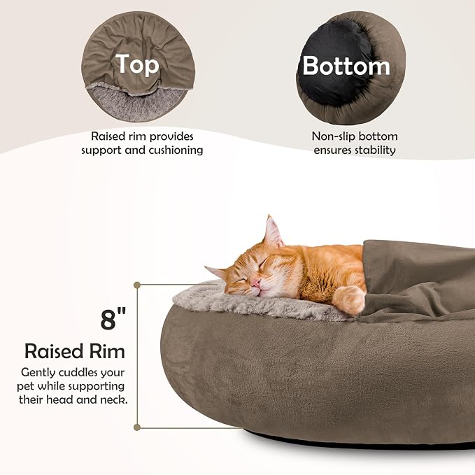 JOEJOY Small Dog Bed Cat Bed with Hooded Blanket, Cozy Cuddler Luxury Puppy Pet Bed, Donut Round Calming Anti-Anxiety Dog Burrow Cave Bed - Anti-Slip Bottom and Machine Washable 23 inch