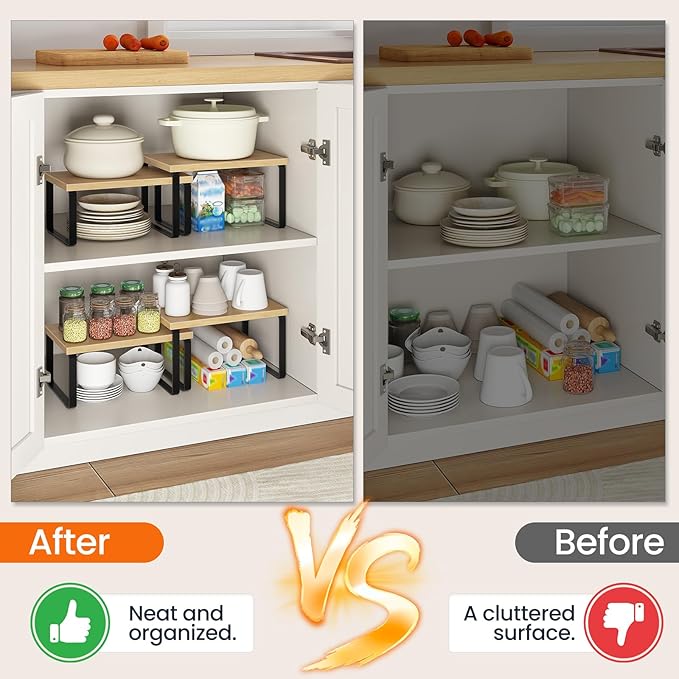 HOOBRO Spice Rack Set of 2, Kitchen Counter Organizer, Kitchen Storage, Cabinet Organizer Shelf, Nest, Stackable, Side-by-Side & L-Shape for Cabinet, Kitchen,Bathroom, Natural and Black BN33TL01