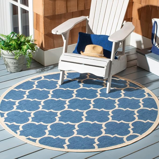 SAFAVIEH Washable Rug Outdoor Courtyard Collection - 5'3" Round, Blue & Beige, Non-Shedding & Easy Cleaning, Ideal for Patio, Backyard, Mudroom (CY6914-243)