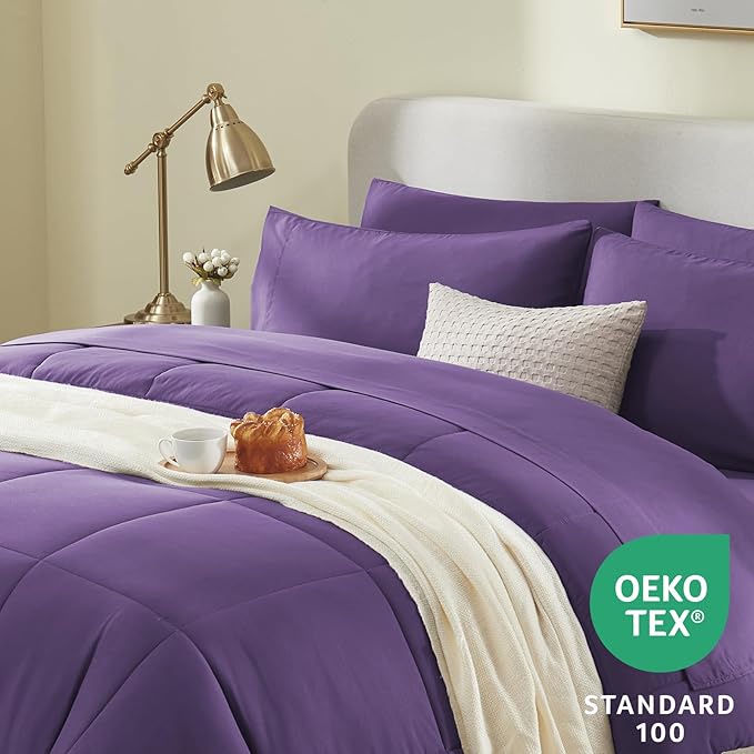 CozyLux King Size Comforter Set Purple, 7 Pieces Bed in a Bag, Purple Comforter King Size, All Season Bedding Sets with Stitch Quilted Comforter, Flat Sheet, Fitted Sheet, Pillowcases