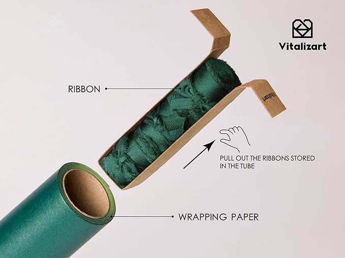 Vitalizart Green Wrapping Paper Set 30" Pearly-Lustre With Silk Like Satin Ribbon & Gift Tags Recyclable Christmas Gift Wrapping Birthday Baby Shower Wedding Handmade Crafts 197"(16.4 Ft)
