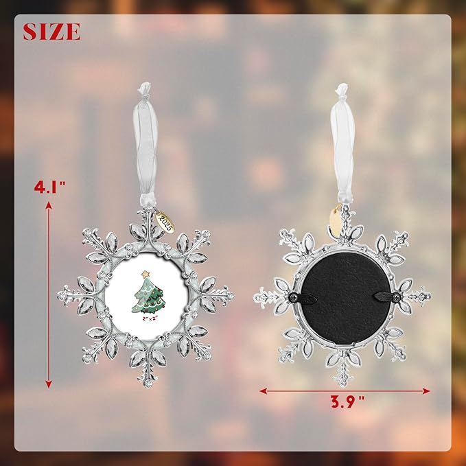 2025 Christmas Tree Ornament Snowflake Picture Frame Metal Hanging Pendant Holiday 2" Photo Frame Charm Decorative of Pets, Baby First Christmas, Family (White，2025)