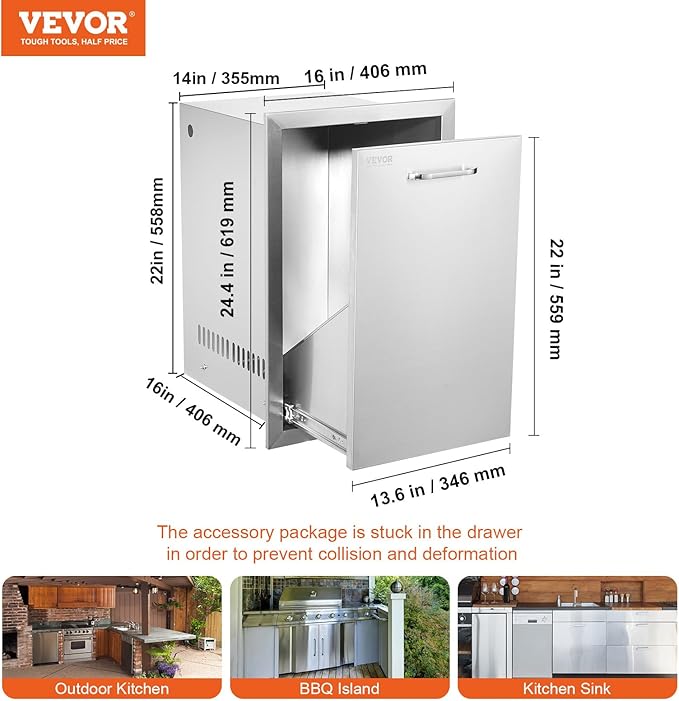 VEVOR Outdoor Kitchen Trash Drawer 16Wx22Hx16"D, Propane Tank Drawer, Stainless Steel Pull Out Trash with Handle, Outdoor Kitchen Cabinets Can Pull Out, BBQ Island Bin, Outside Trash Can Drawer