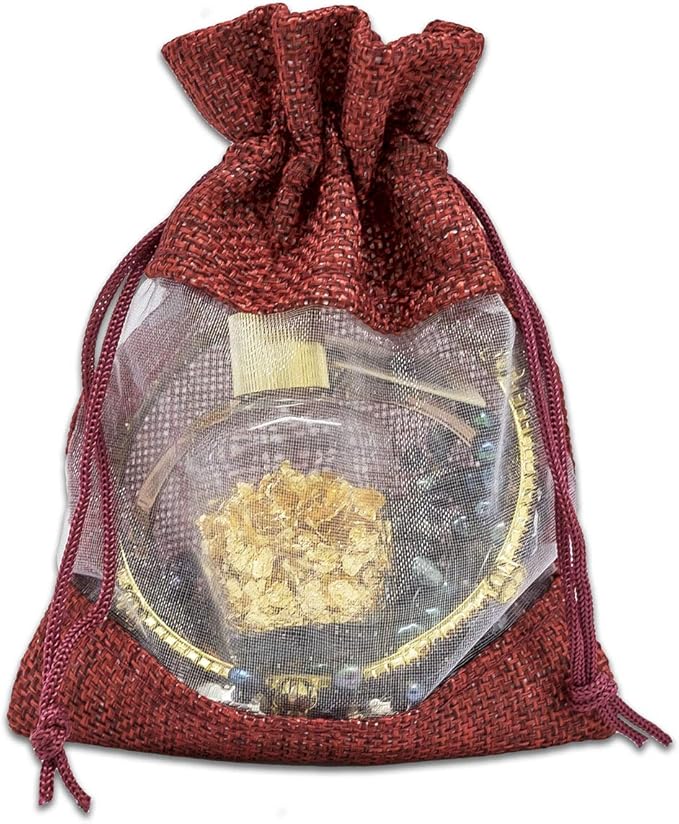 12-Pack Small Linen Burlap & Organza Gift Bags w. Drawstrings (3.5x5.5 in, Maroon) - Party Favors, Presents, Samples & Treats Mesh Pouch by The Display Guys