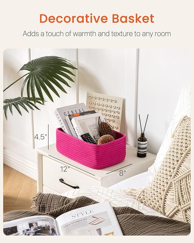 Small Woven Basket, 12 x 8 x 4.5 Inches, Storage Basket for Organizing, Cute Small Rope Shelf Closet Cube Storage Bins Baskets for Shelves, Dog Toy Gift Baskets Empty, 3 Packs, Hot Pink