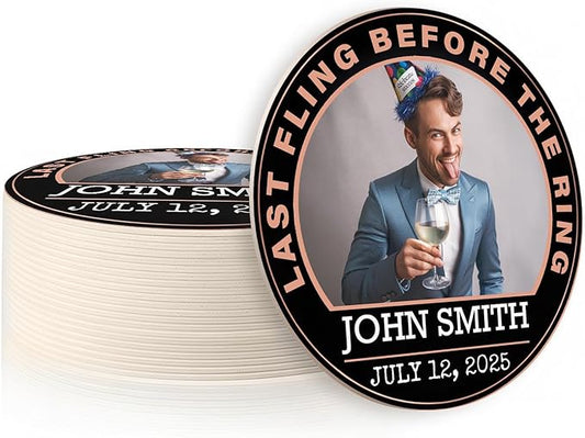 20 Pack Personalized Bachelor Party Coasters, Custom Cardboard Drink Coasters with Photo Print and Text, Fun Bachelor Party Favors and Gifts, 3.95" Round, Design 4