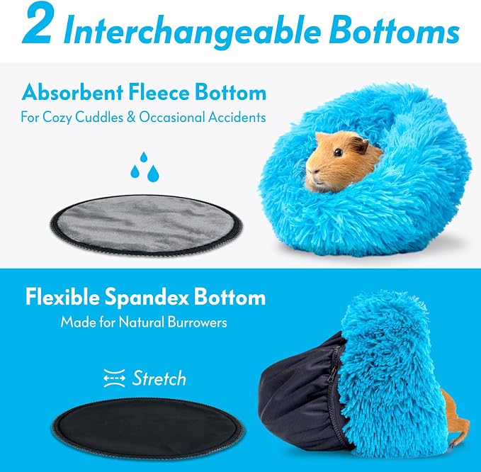 Paw Inspired Furr-O Burrowing Pet Bed Enrichment, Removable Base, Blue | Cozy Carrier Toy, Zip-On Spandex and Fleece Bottoms, Hideout Cage Accessories for Guinea Pigs, Hamsters, Small Pets, Animals