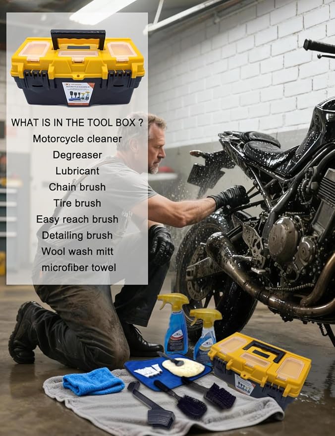 Motorcycle Dirtbike Wash Kit - Premium Cleaning and Detailing Set for Mudguard, Rims and Paint. Includes Motorcycle Cleaner (19 oz),Chain Clean (10 oz) Dry Lubricant (30ML)