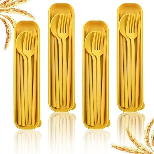 4 Sets Reusable Utensils Set with Case,Camping Cutlery Set Travel Silverware Set with Case Lunch Utensils Set for Work,Utensil Sets for Lunch Picnic Daily Use Outdoor (Yellow)